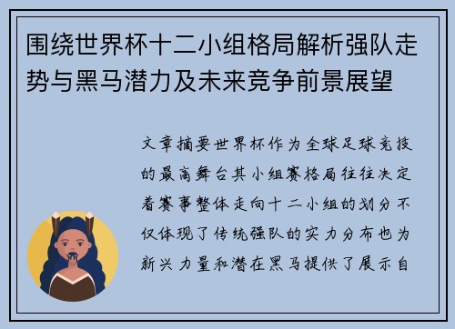 围绕世界杯十二小组格局解析强队走势与黑马潜力及未来竞争前景展望