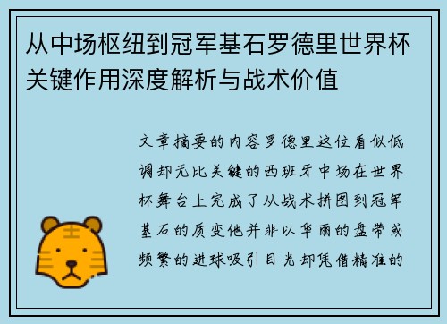 从中场枢纽到冠军基石罗德里世界杯关键作用深度解析与战术价值